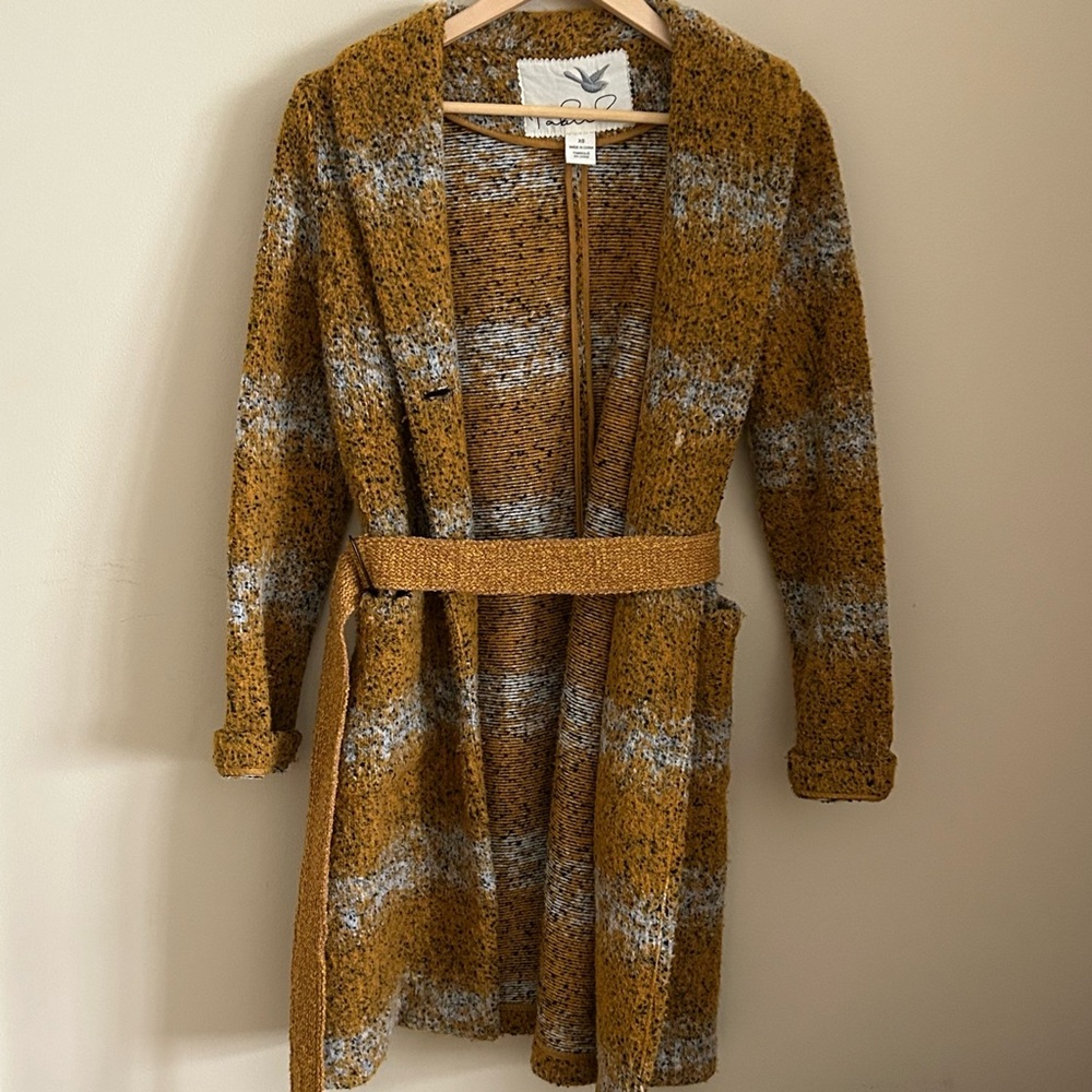Anthrpologie Tabitha Cozy Mustard and Gray Knit Long Sleeve Tie Coat size XS